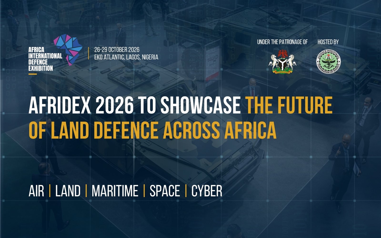 AFRIDEX 2026 exhibition banner showing its dates, Lagos venue and defence technology domains