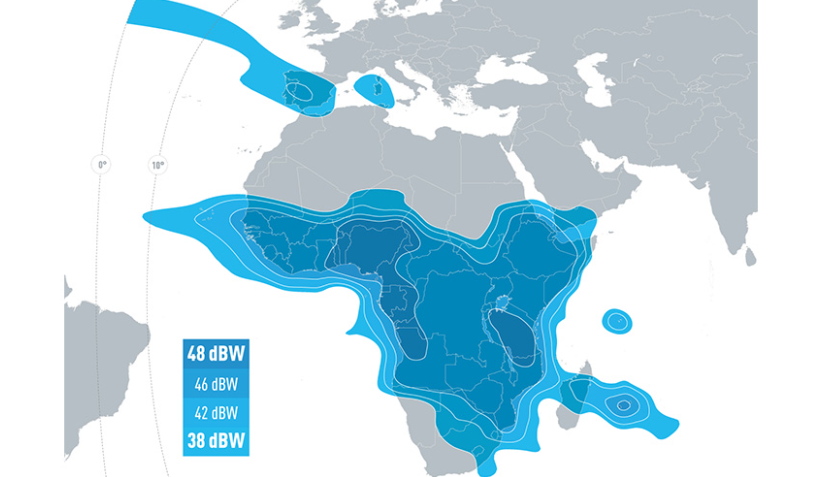 Indicative Eutelsat 36°E Africa downlink footprint, with 48, 46, 42 and 38 dBW contours