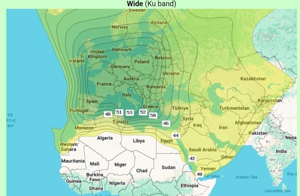 Indicative wide-beam Ku-band footprint for Hotbird 13° East, spanning Europe, North Africa and the Middle East